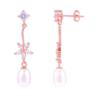925 Sterling Silver Rose Gold Floral Spiral Pearl Danglers for Women