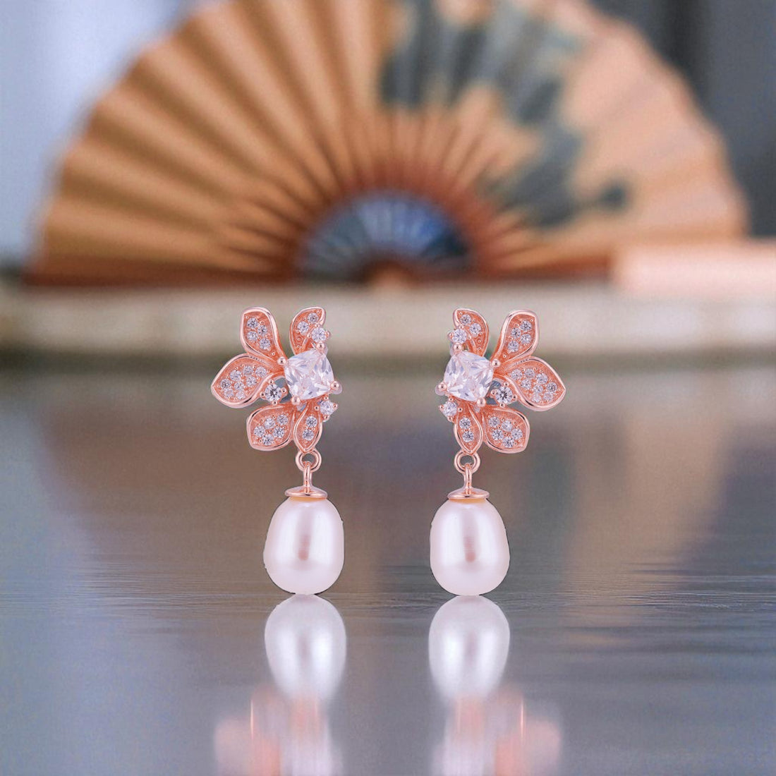 925 Sterling Silver Rose Gold Ornamental Flower Hanging Pearl Earrings for Women
