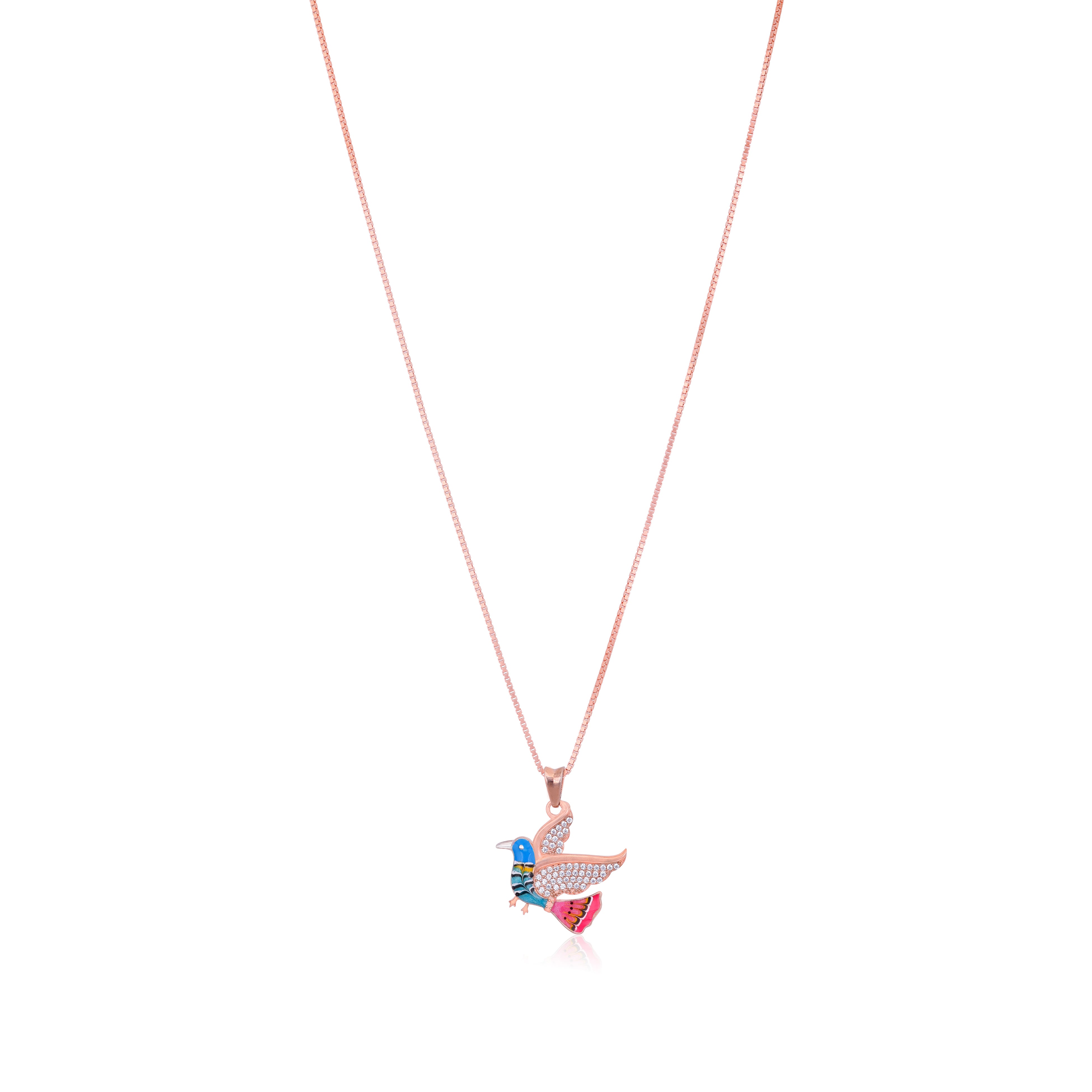 925 Sterling Silver Rose Gold Plated Enamel Bird Wing Detailing Chain Pendant for Women