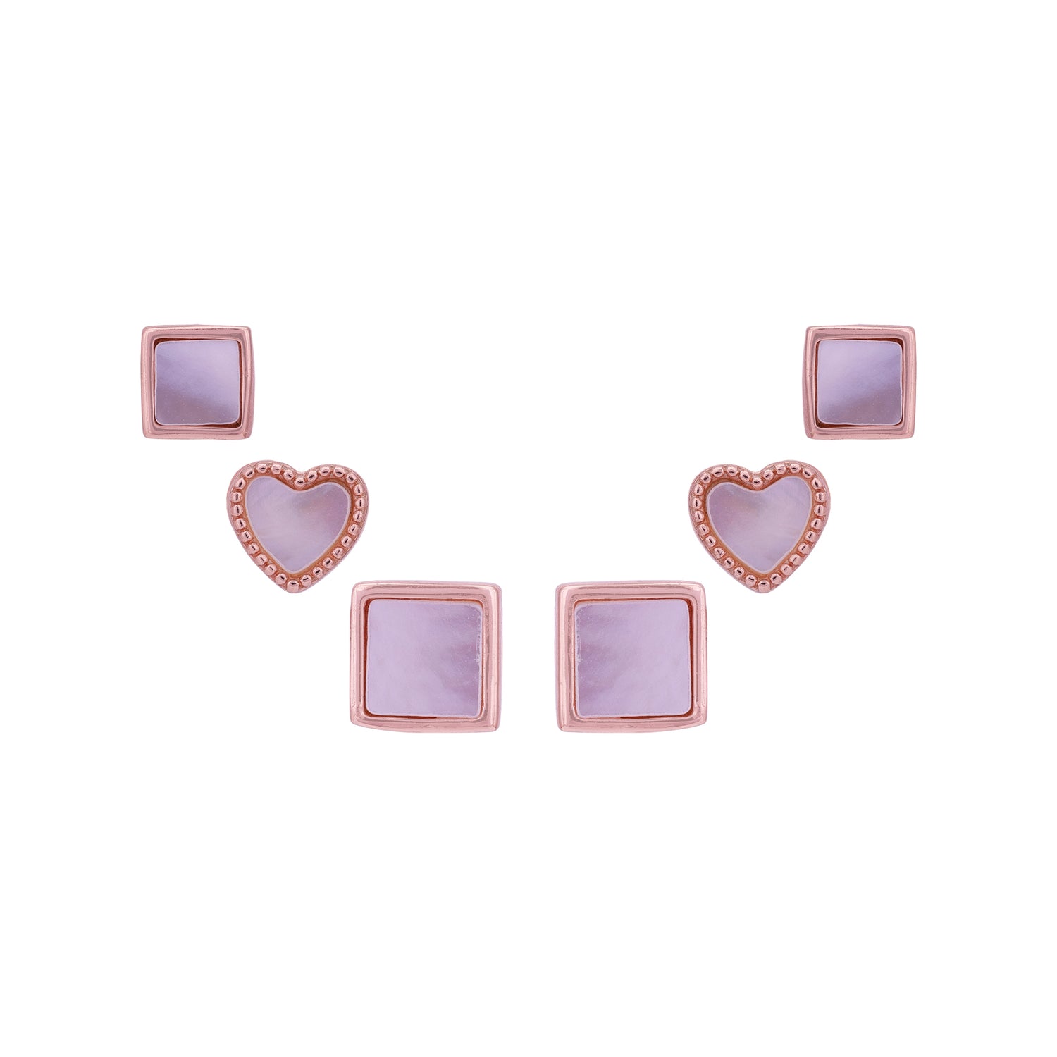925 Sterling Silver Rose Gold Plated Glossed Geometry Heart &amp; Square Ear Set for Women