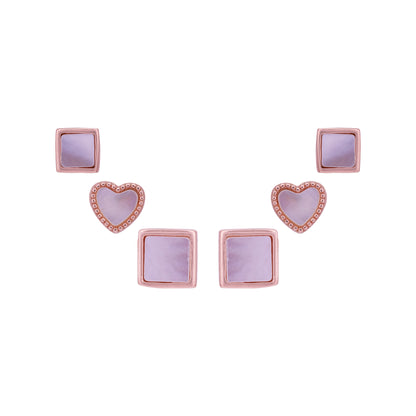 925 Sterling Silver Rose Gold Plated Glossed Geometry Heart &amp; Square Ear Set for Women