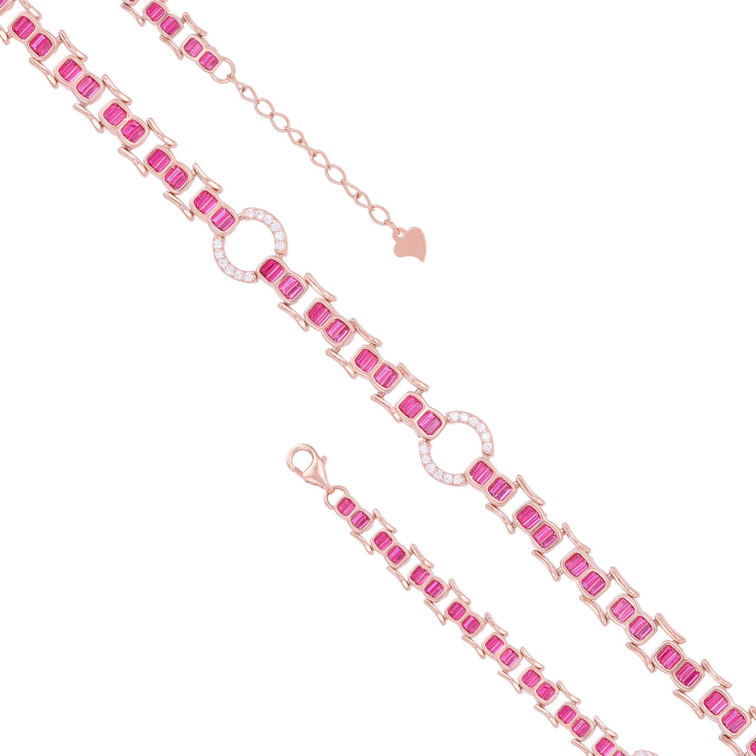 925 Sterling Silver Rose Gold Plated Link Pink Baguette Stones Circular Halo Accents Stones Bracelet for Women