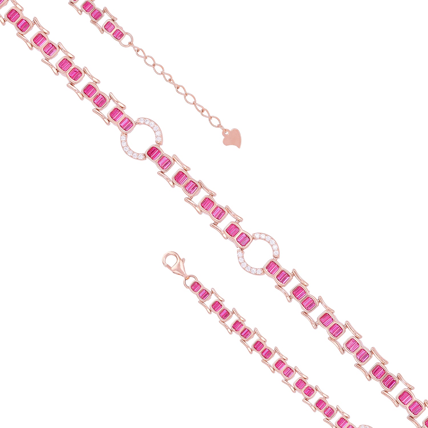 925 Sterling Silver Rose Gold Plated Link Pink Baguette Stones Circular Halo Accents Stones Bracelet for Women