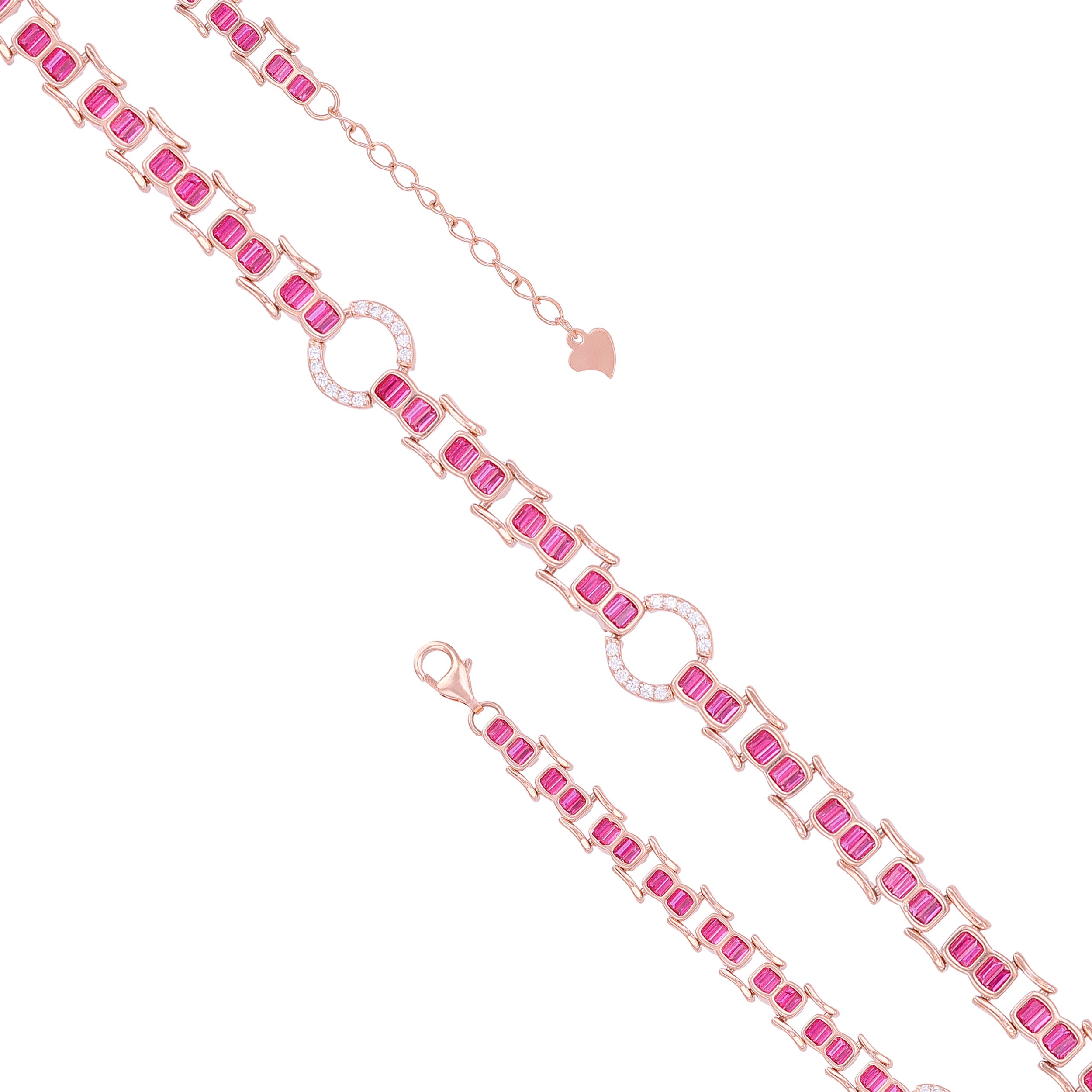 925 Sterling Silver Rose Gold Plated Link Pink Baguette Stones Circular Halo Accents Stones Bracelet for Women