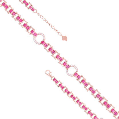 925 Sterling Silver Rose Gold Plated Link Pink Baguette Stones Circular Halo Accents Stones Bracelet for Women