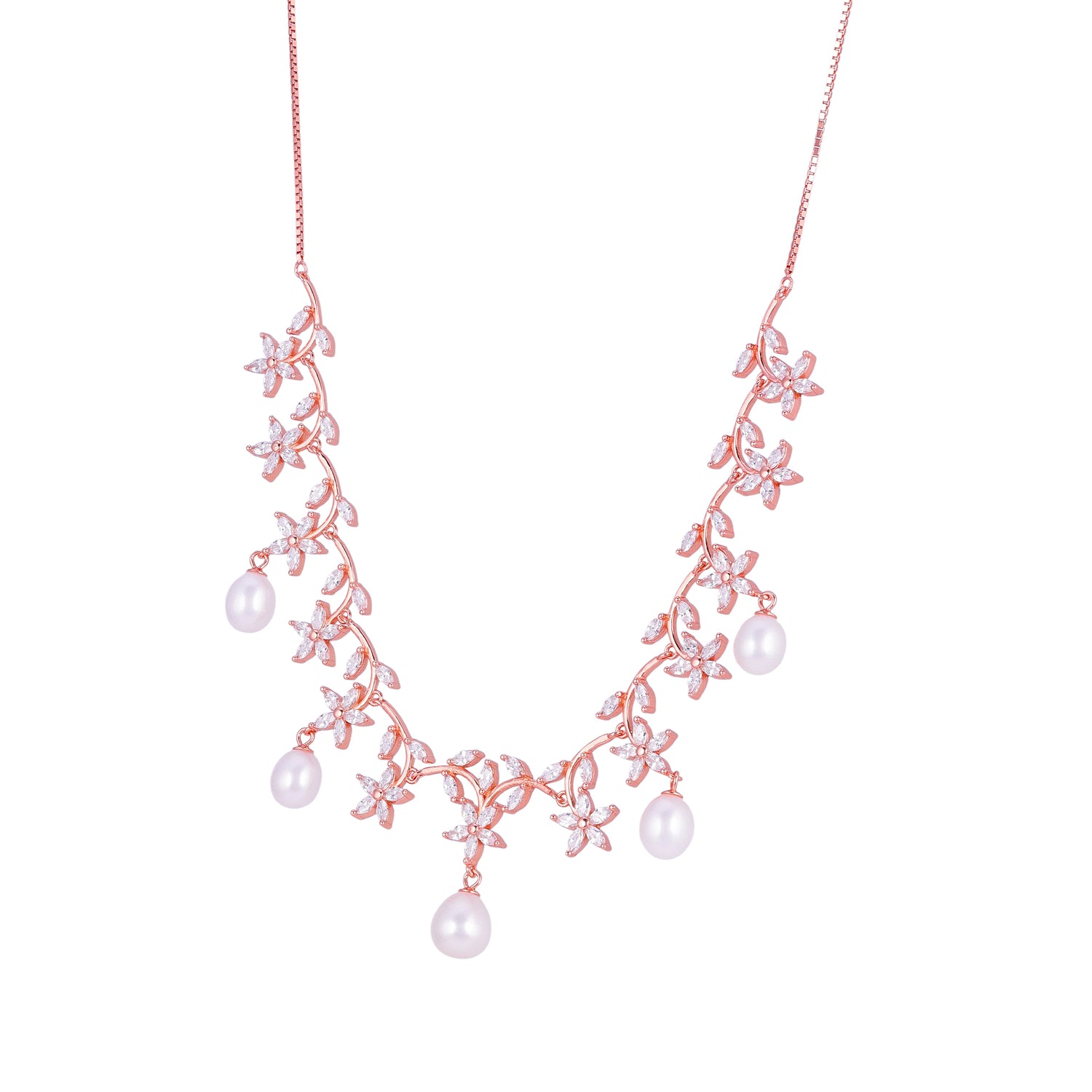 925 Sterling Silver Rose Gold Plated Luxe Petal White Pearl Acents Necklace for Women