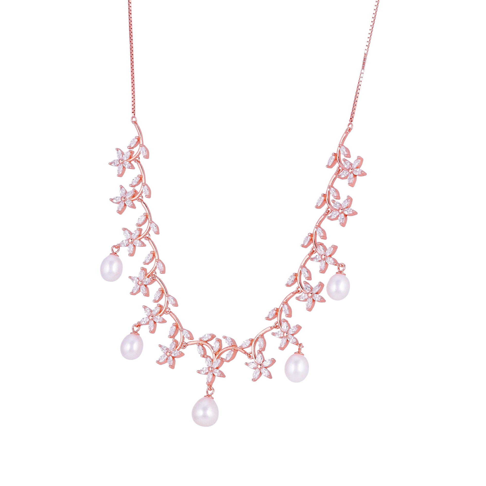 925 Sterling Silver Rose Gold Plated Luxe Petal White Pearl Acents Necklace for Women
