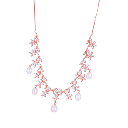 925 Sterling Silver Rose Gold Plated Luxe Petal White Pearl Acents Necklace for Women