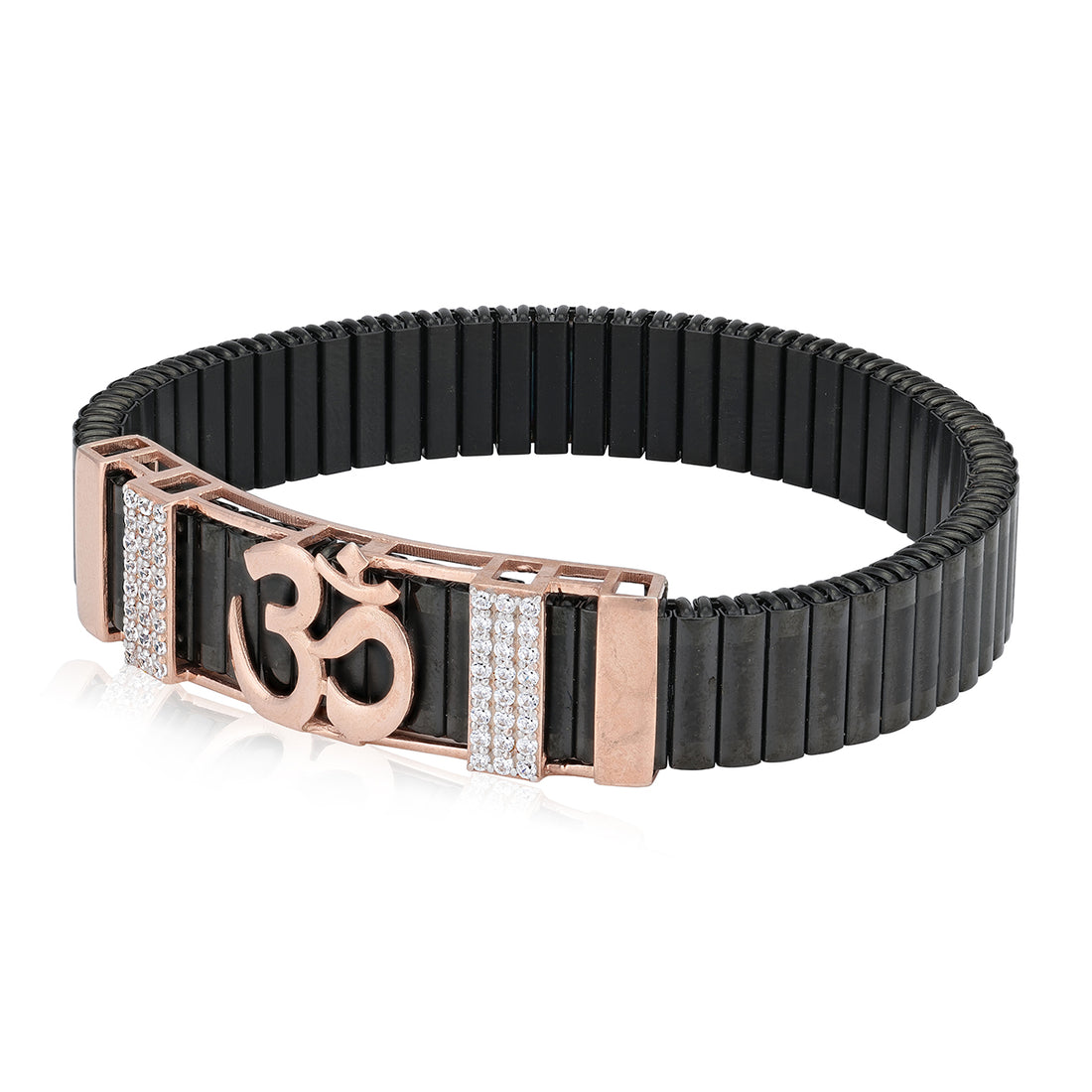 925 Sterling Silver Rose Gold Plated ‘Om’Symbol Black Ceramic Panels Strip Accents Bracelet for Men