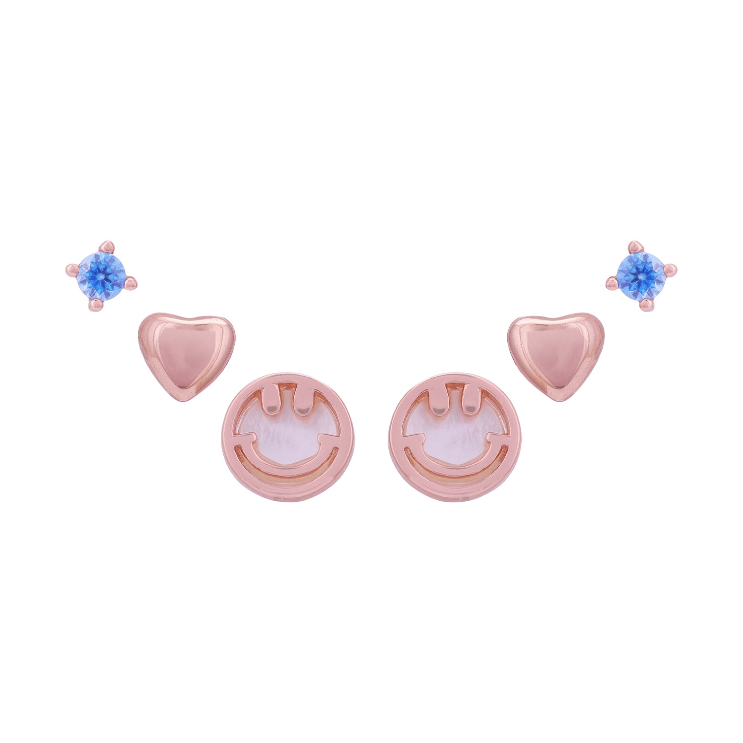 925 Sterling Silver Rose Gold Smiley Radiance &amp; Aqua Pop Multi-Piercing Ear Set for Women