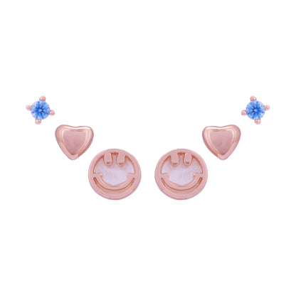 925 Sterling Silver Rose Gold Smiley Radiance &amp; Aqua Pop Multi-Piercing Ear Set for Women