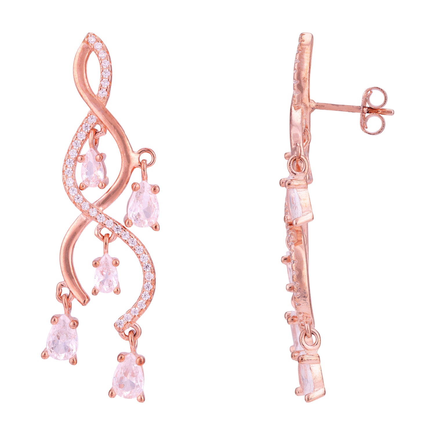 925 Sterling Silver Rose Gold Spiral Vine White Stone Dangler Earring for Women