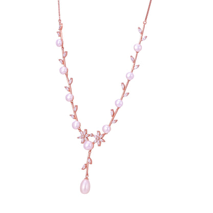 925 Sterling Silver Rose Gold Twined Leaf Pearl Drop Necklace for Women