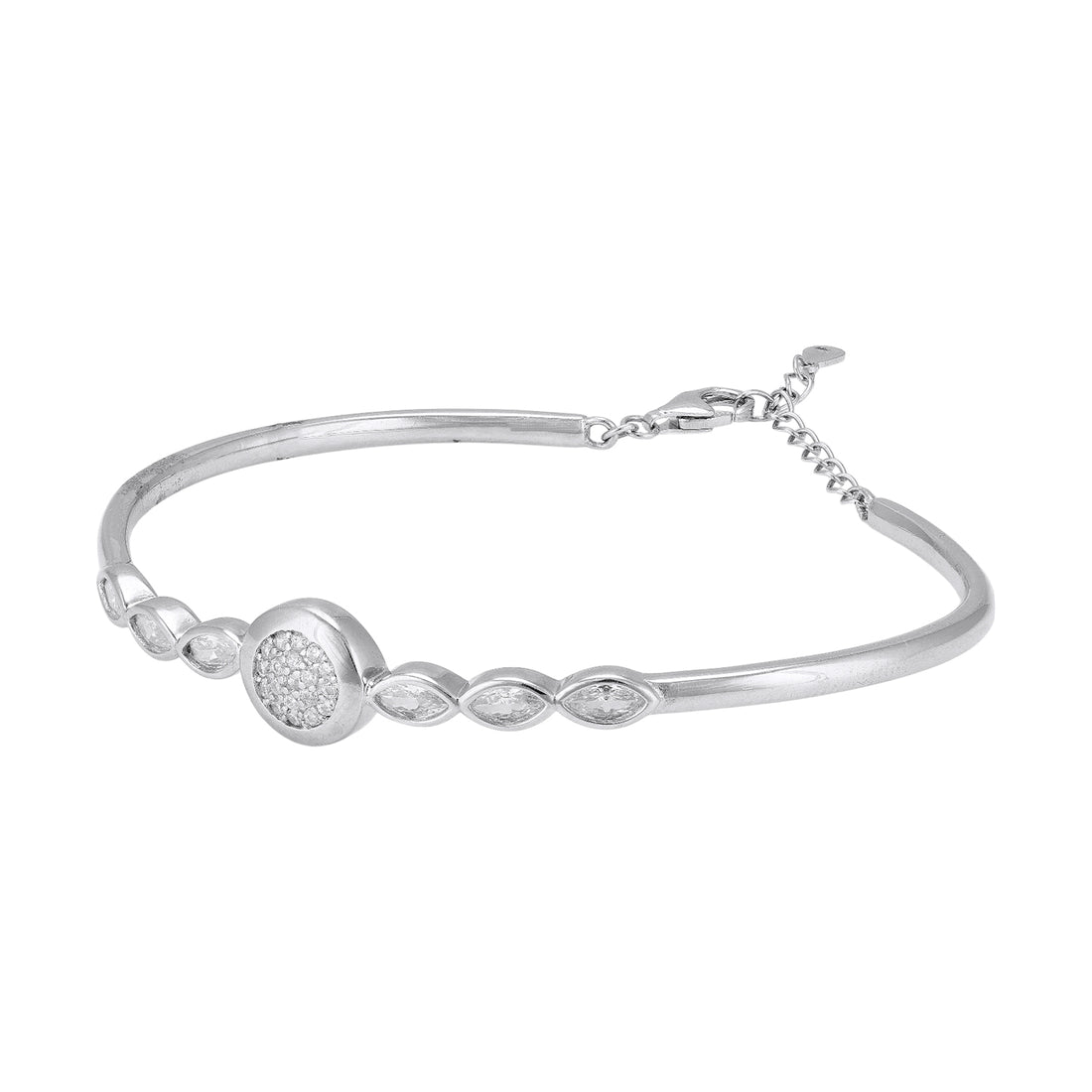 925 Sterling Silver Round Pave with Tapered Marquise Side Stones Sleek Metal Finish Bracelet for Women