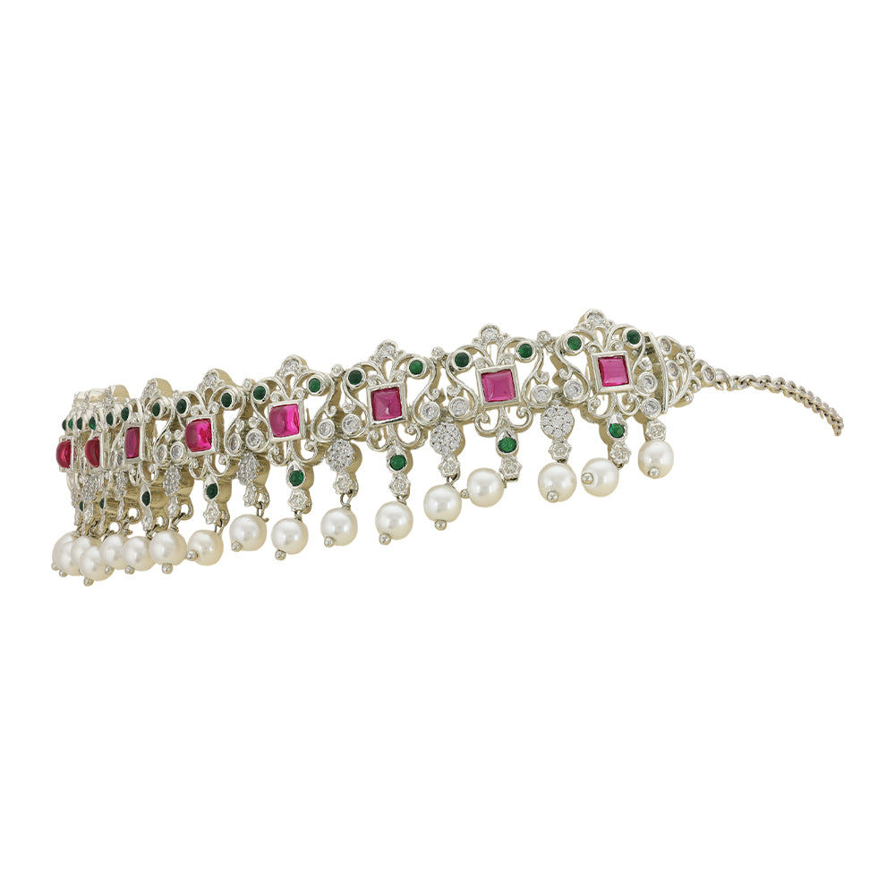 925 Sterling Silver Ruby Emerald Cut Pearl Drop Necklace For Women