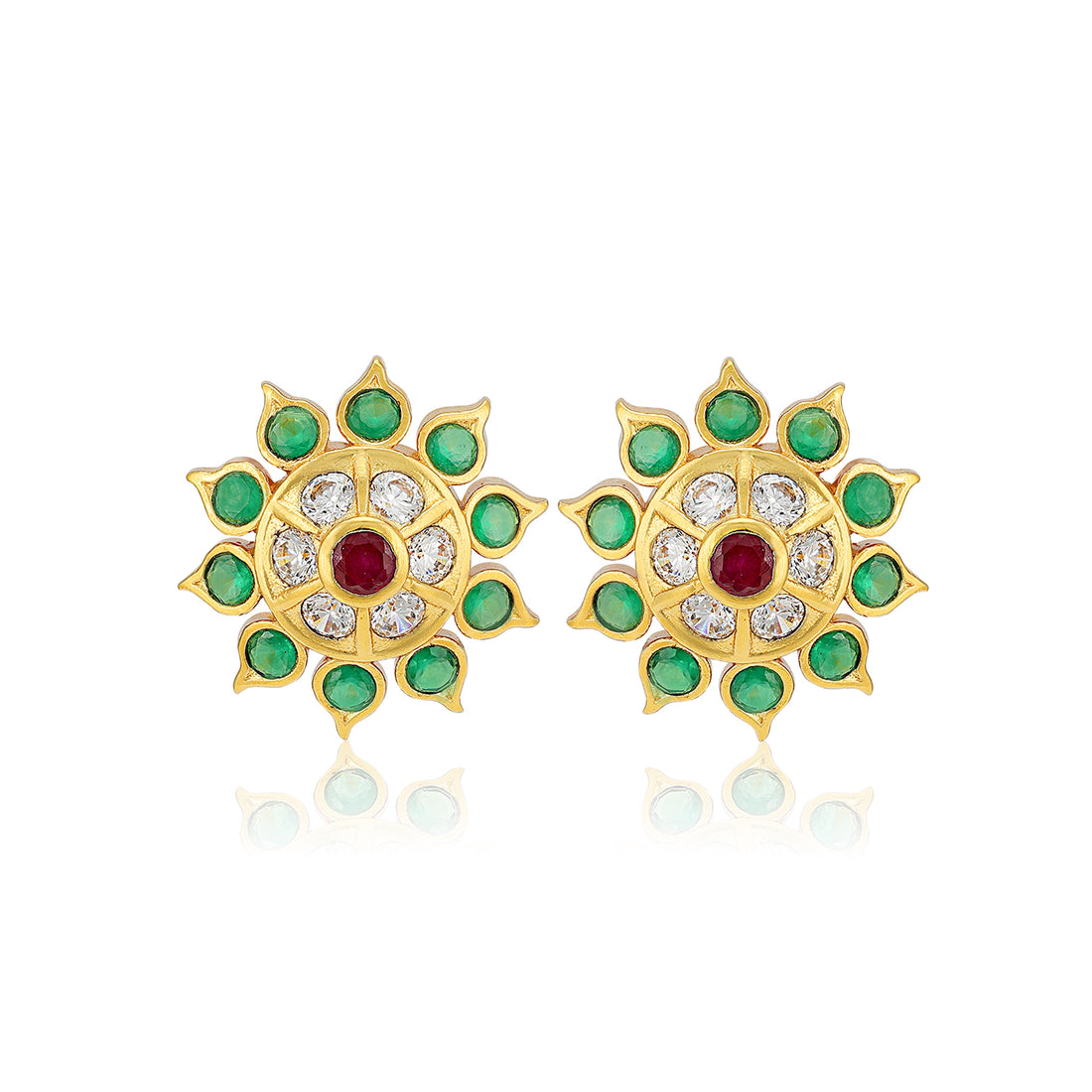 925 Sterling Silver Ruby & Emerald Traditional Floral Gold Plated Stud for Women