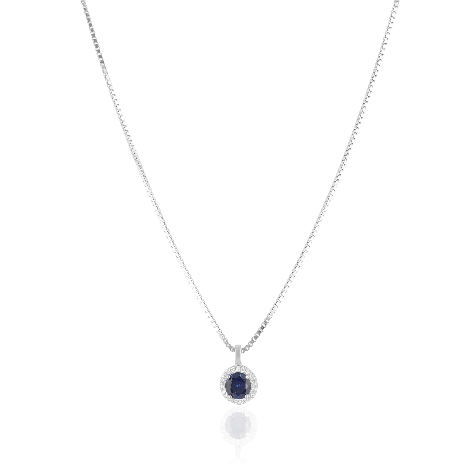 925 Sterling Silver September Month Circle Blue Sapphire Birthstone Chain Pendant For Women