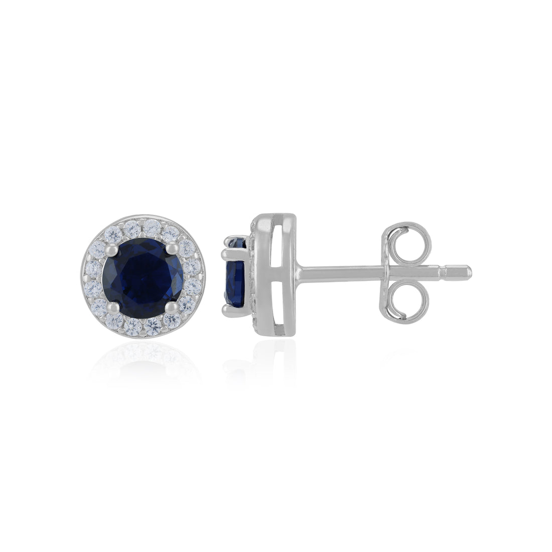 Sterling Silver September Month Circle Blue Sapphire Birthstone Stud For Women