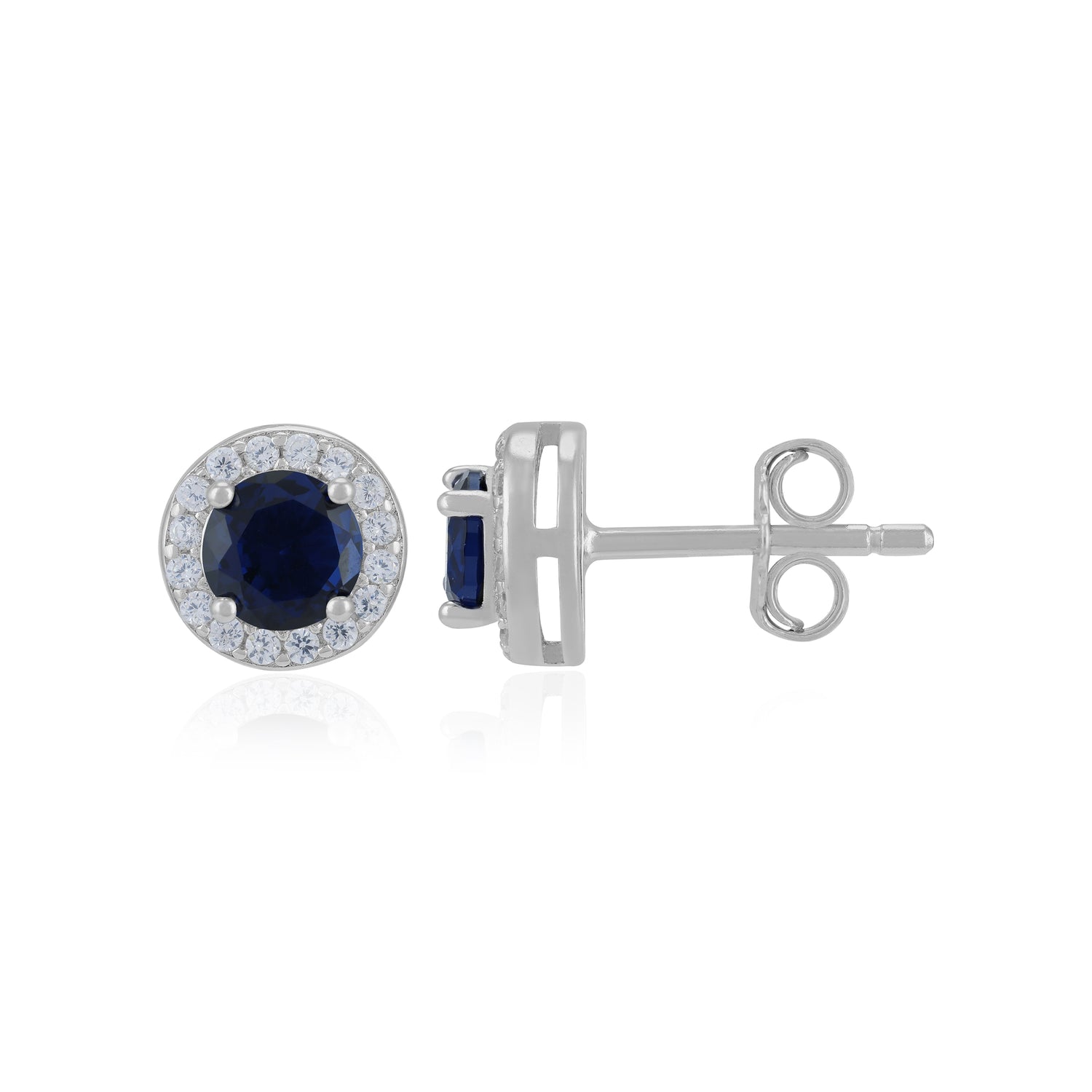 Sterling Silver September Month Circle Blue Sapphire Birthstone Stud For Women