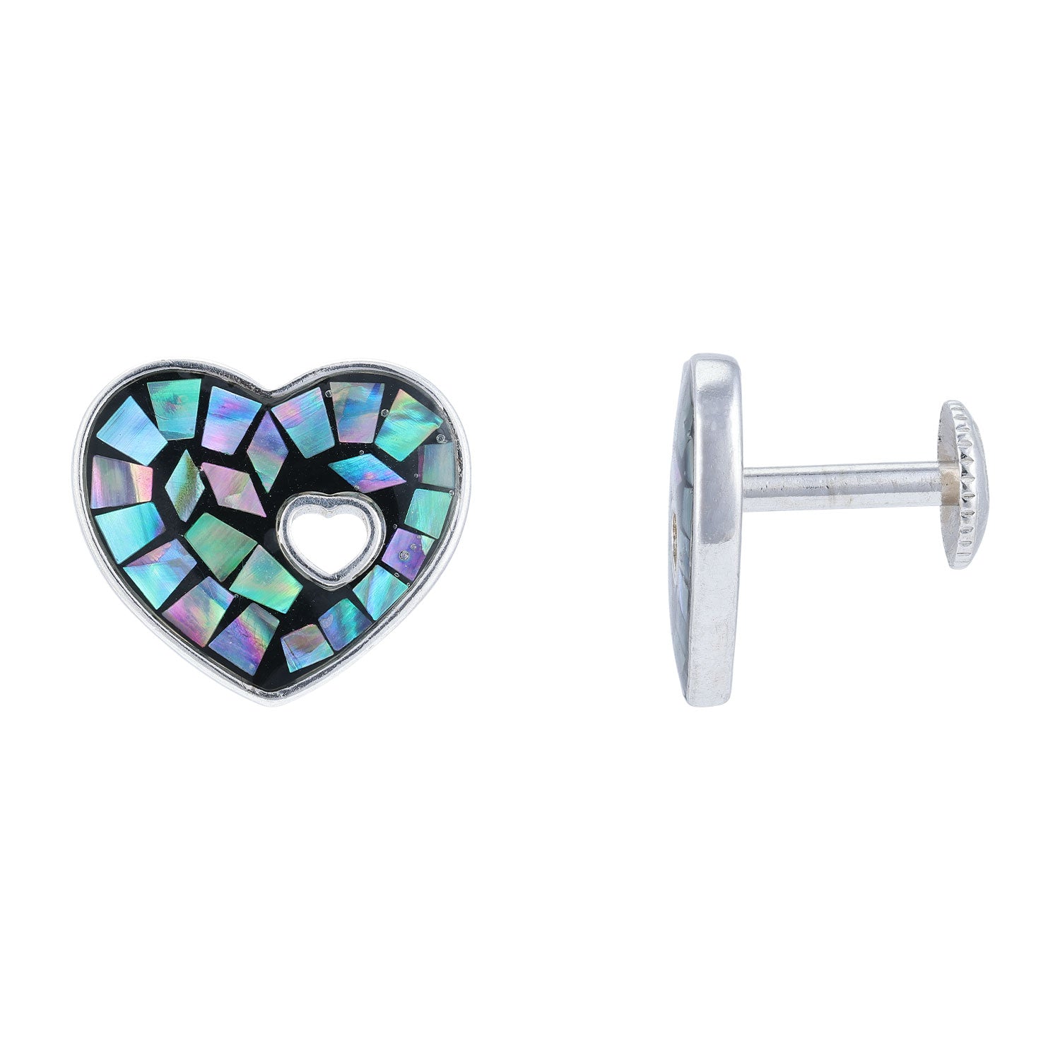 925 Sterling Silver Shimmering Iridescent Abalone Heart Inner Cut-Out Design Rhodium Plated Earrings for Women