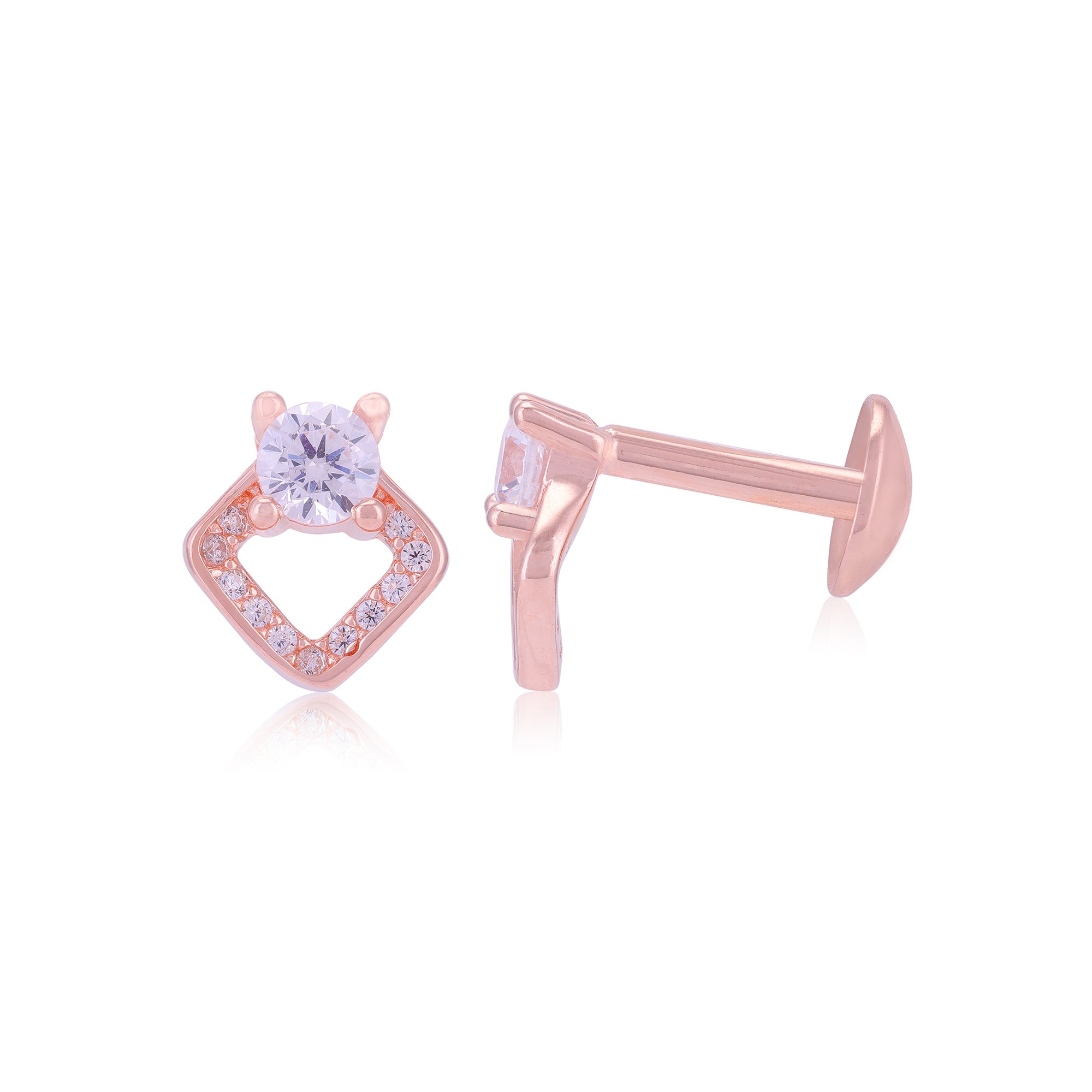 925 Sterling Silver Solitary Centered Side Accent Diamond Shaped Earrings For Women
