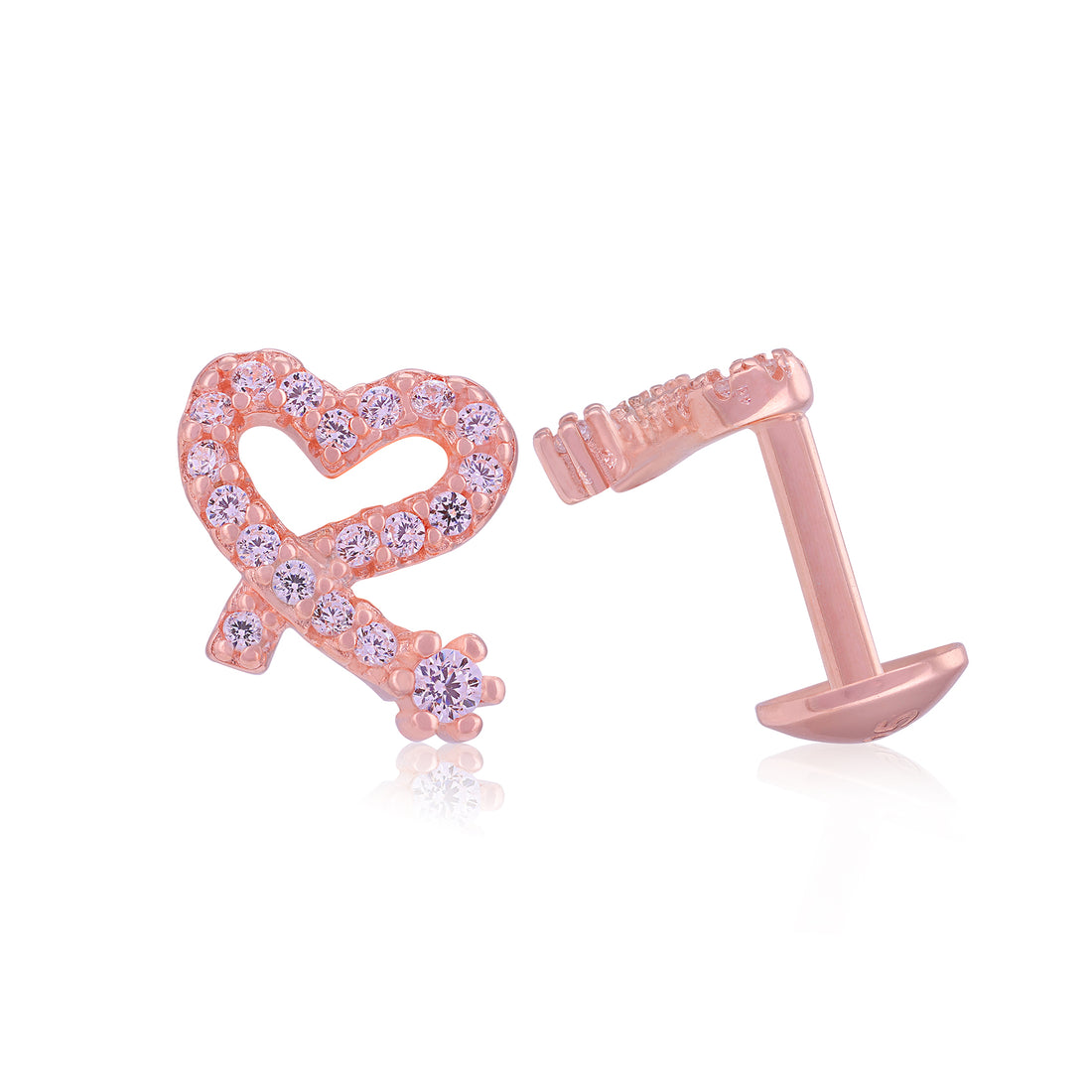 925 Sterling Silver Sparkle Heart Ribbon Rose Gold Plated Stud for Women