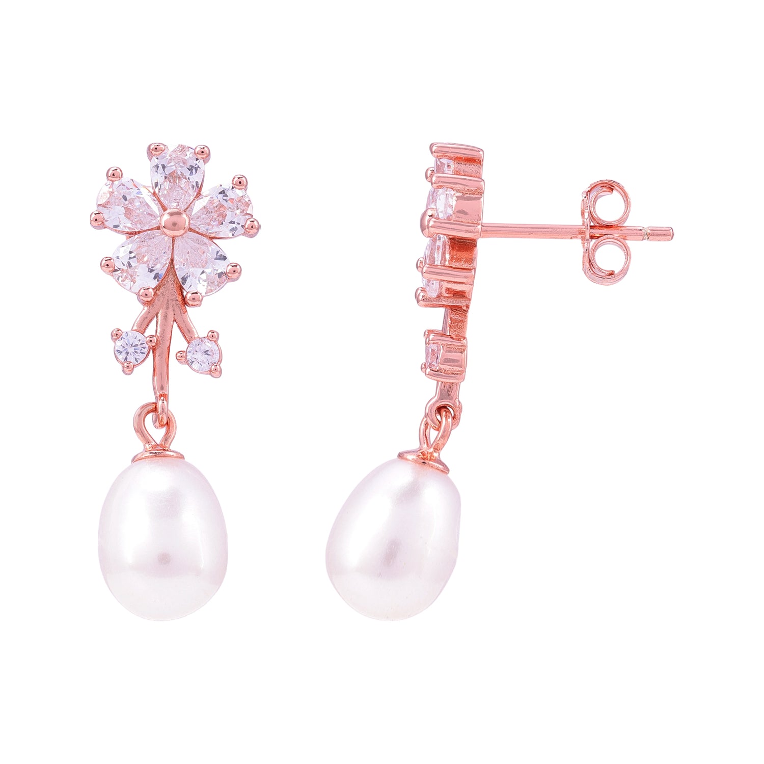 925 Sterling Silver Spring Bloom Pearl Rose Gold Earring for Women