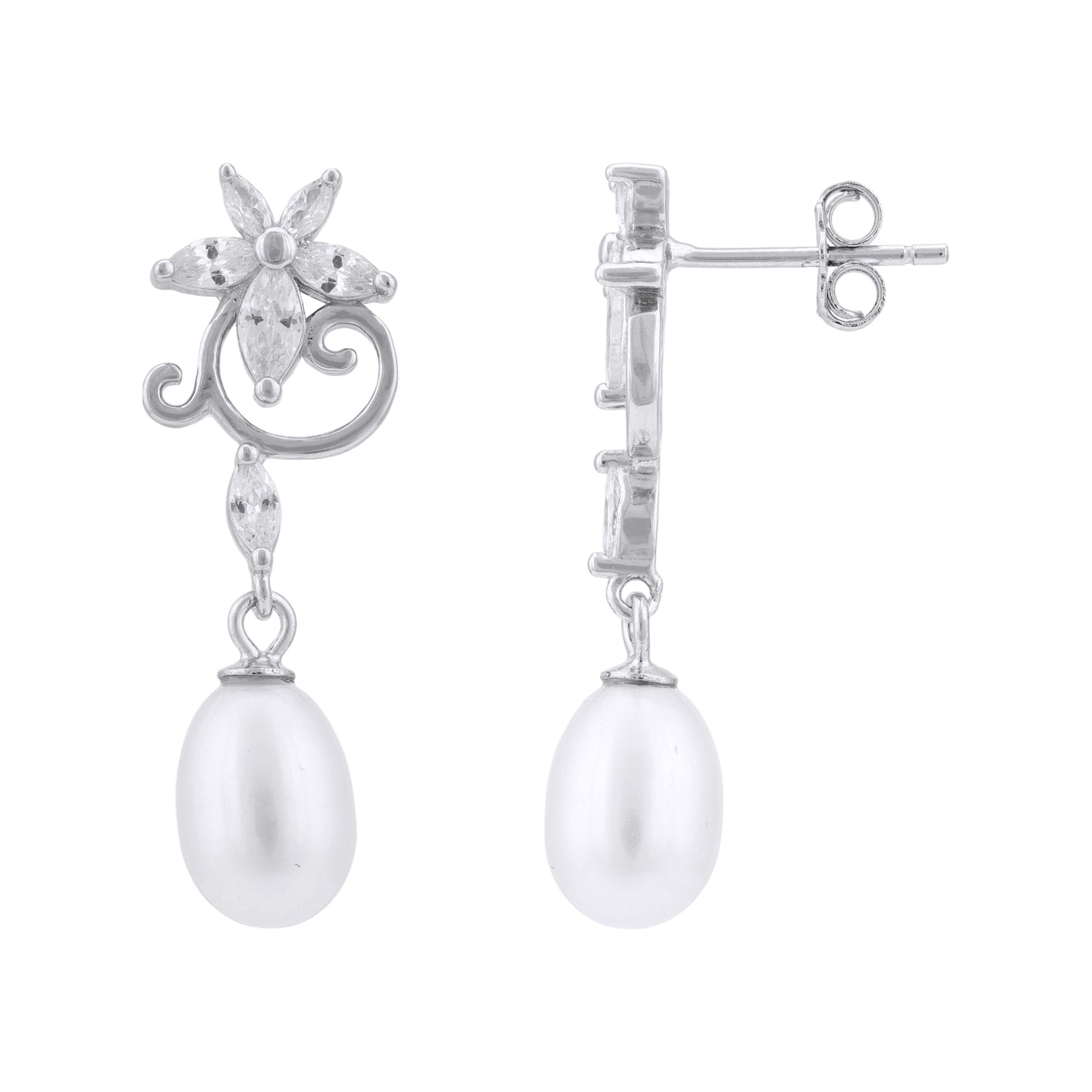 925 Sterling Silver Swirl Bloom Pearl Drop Earrings for Women