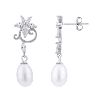 925 Sterling Silver Swirl Bloom Pearl Drop Earrings for Women