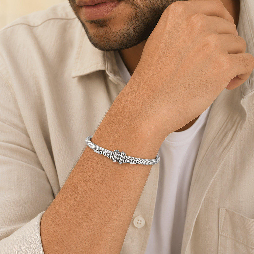 Sterling Silver Textured Cable Heart Bangle