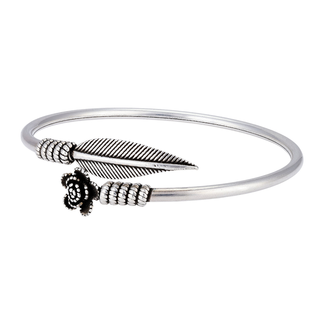 Sterling Silver Textured Leaf &amp; Floral Oxidized Bracelet for Women