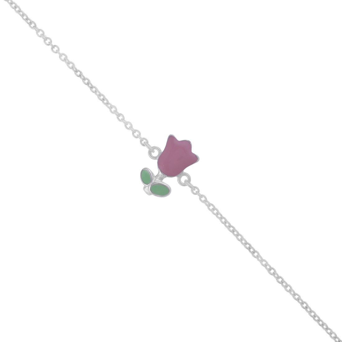 925 Sterling Silver Tiny Pink Tulip Charm Rhodium Plated Bracelet For Kids