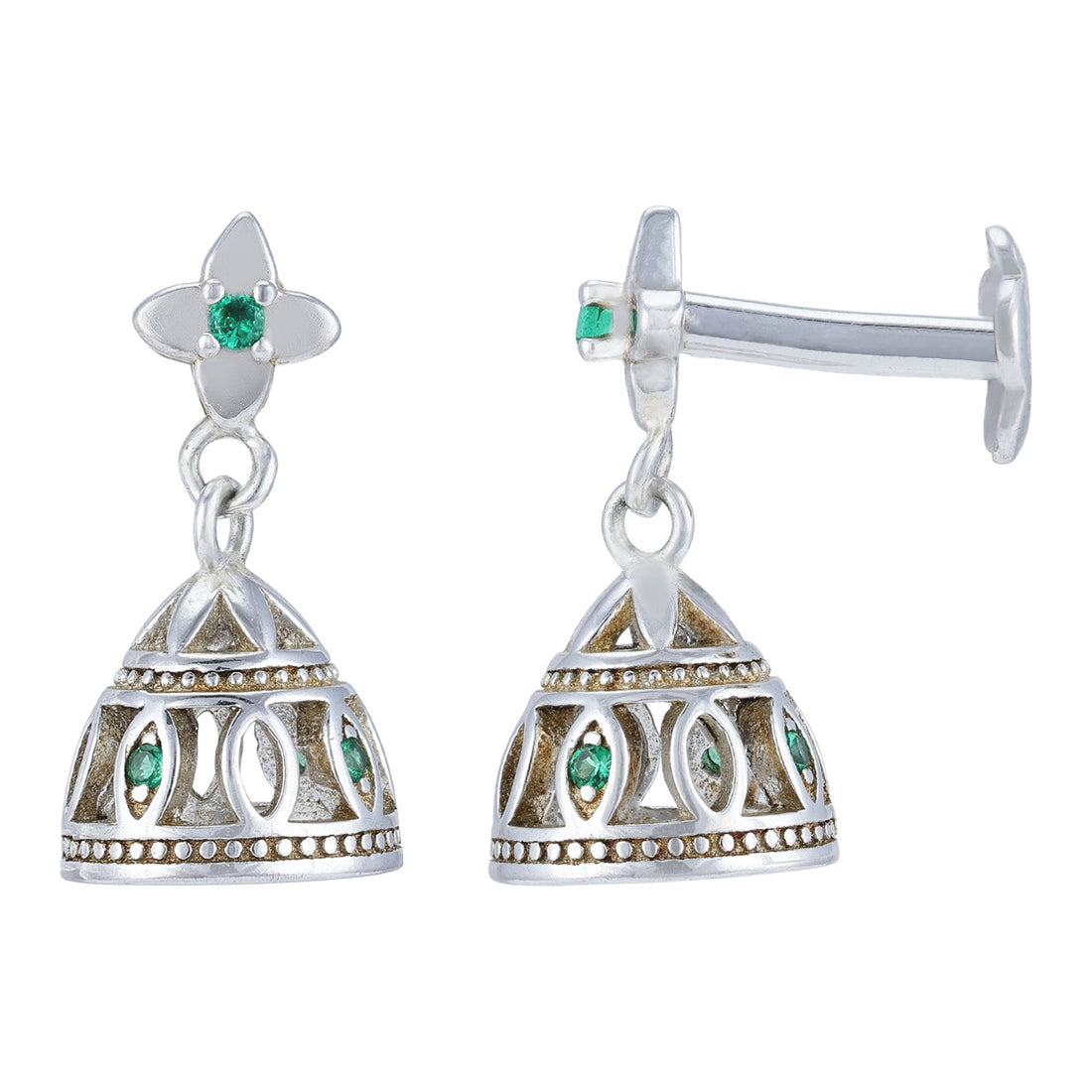 925 Sterling Silver Traditional Dome Shaped Jhumka Emerald Accents Earrings for Women 1