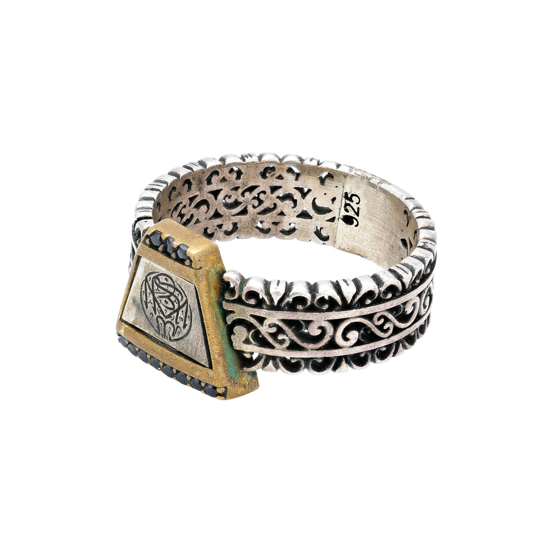 925 Sterling Silver Triangular Crest Ring with Oxidized Filigree Band and Black Spinel Accents Rings For Men