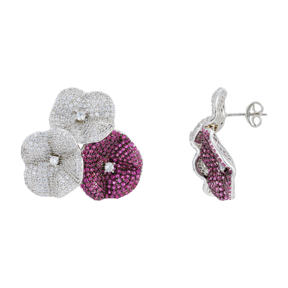 925 Sterling Silver Triple Bloom Pink Stoned Rhodium Plated Rings for Women