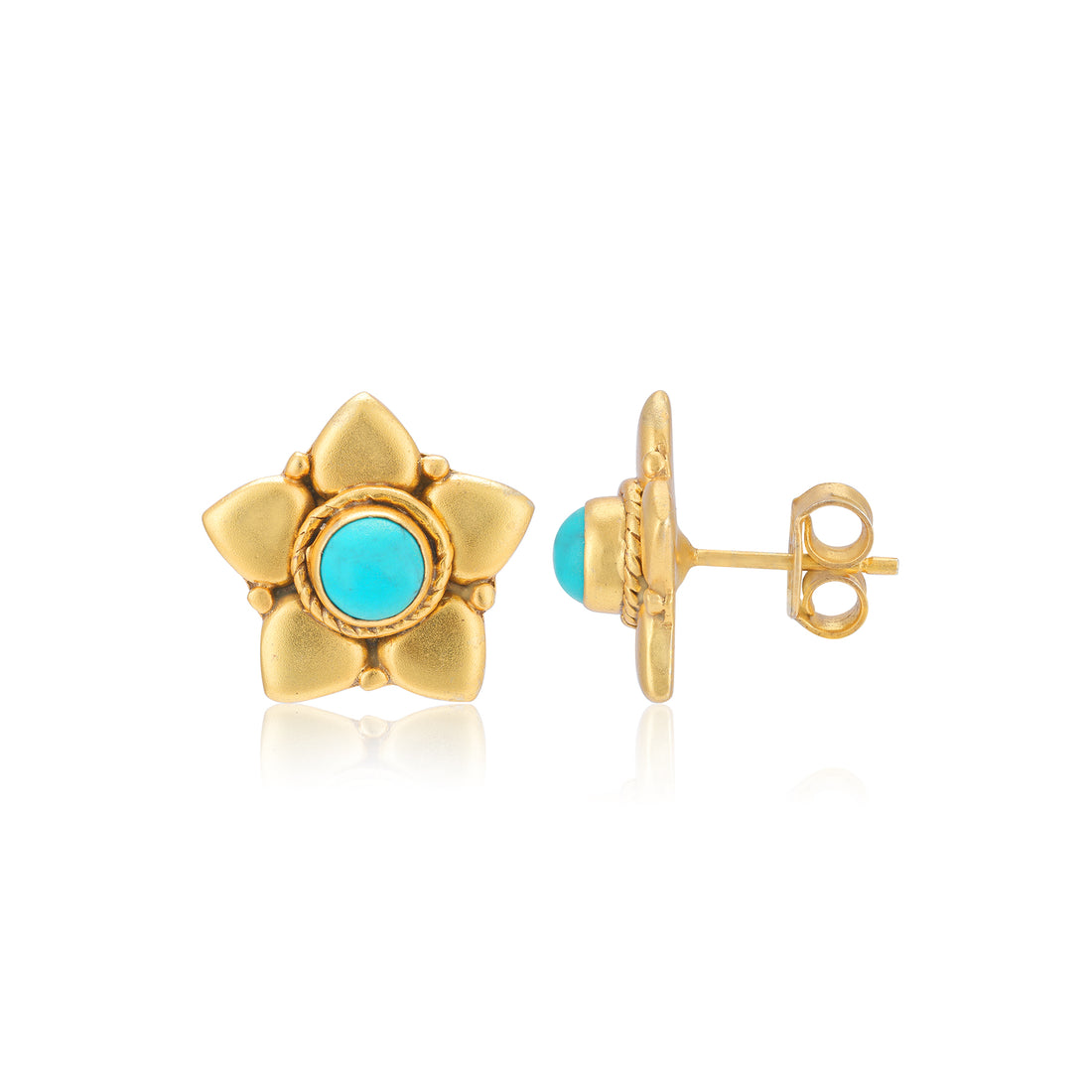 Sterling Silver Turquoise Centered Bold Floral Gold Plated Earrings For Women
