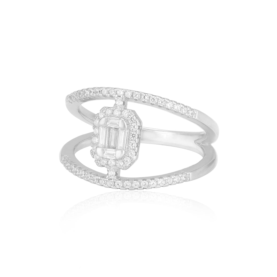 925 Sterling Silver Twin Orbit Baguette Cluster Sparkle Ring for Women