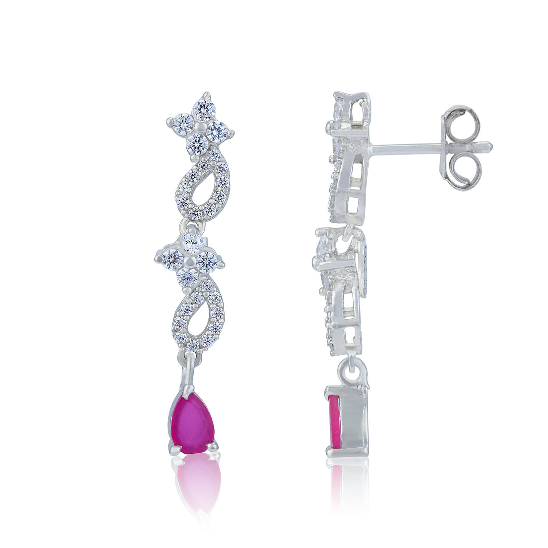 925 Sterling Silver Twisted Floral Ruby Pink Teardrop Stone Earrings for Women