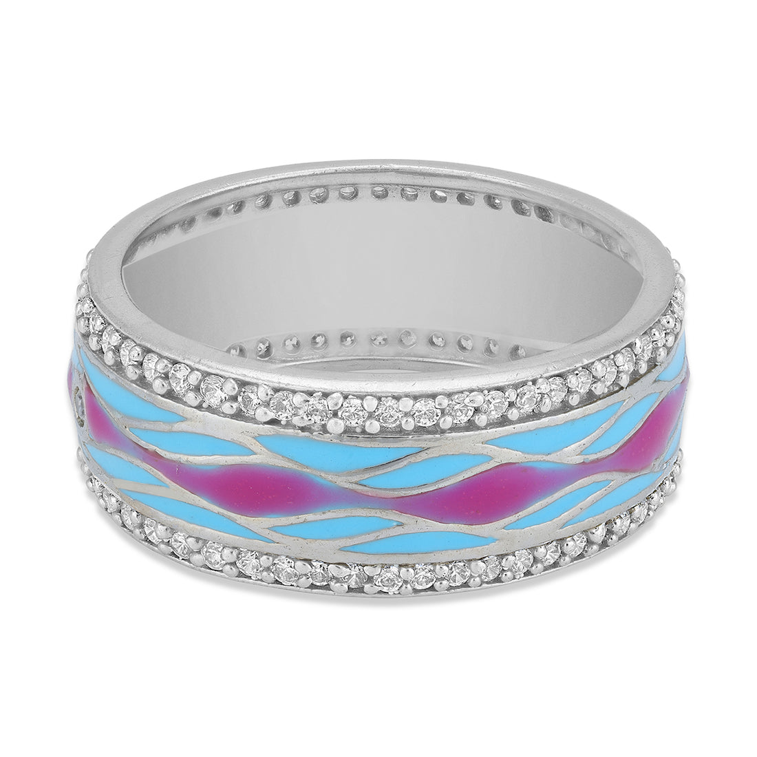925 Sterling Silver Vibrant Aqua Pink Enamel Wave Band Ring for Women
