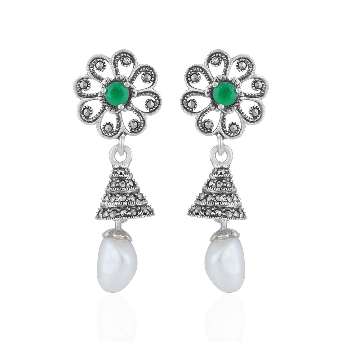 925 Sterling Silver Vintage Marcasite Flower Textured Cone Pearl Earring for Women