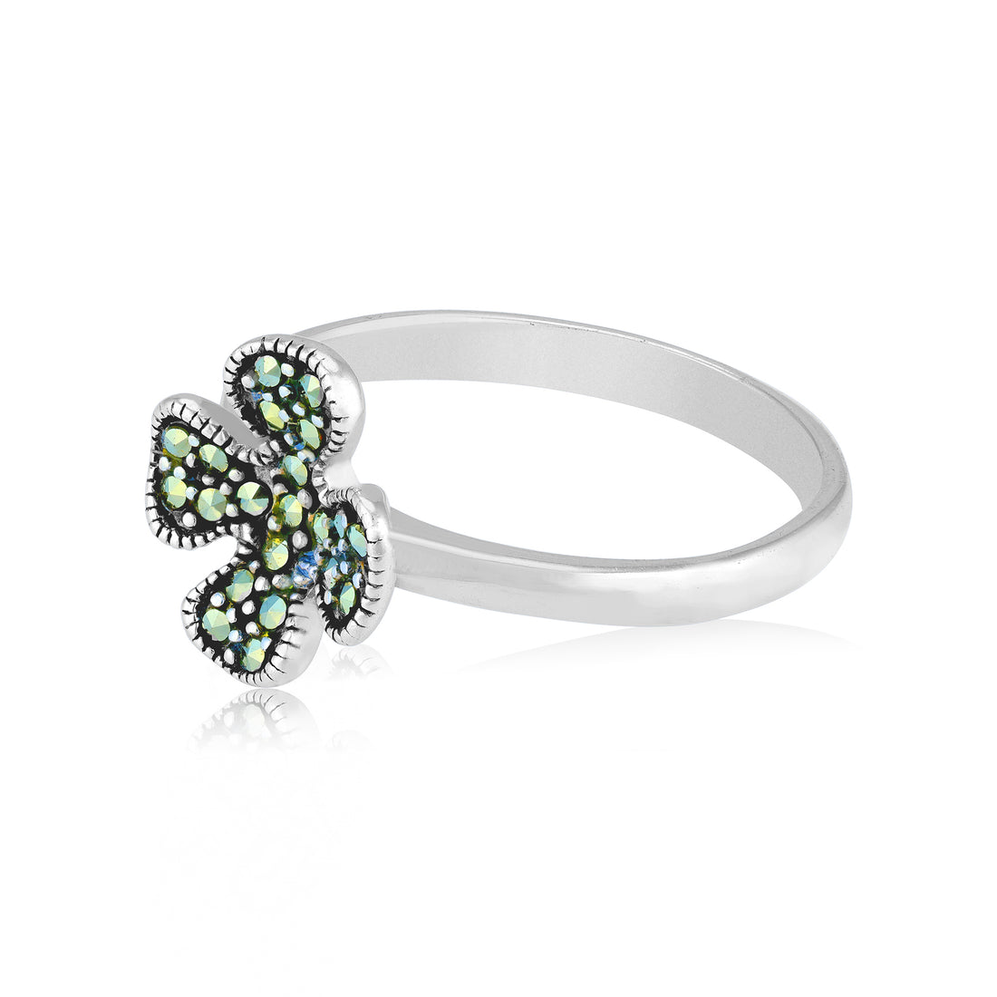 925 Sterling Silver Vintage Marcasite Studded Floral Cross Beaded Frame Ring for Women