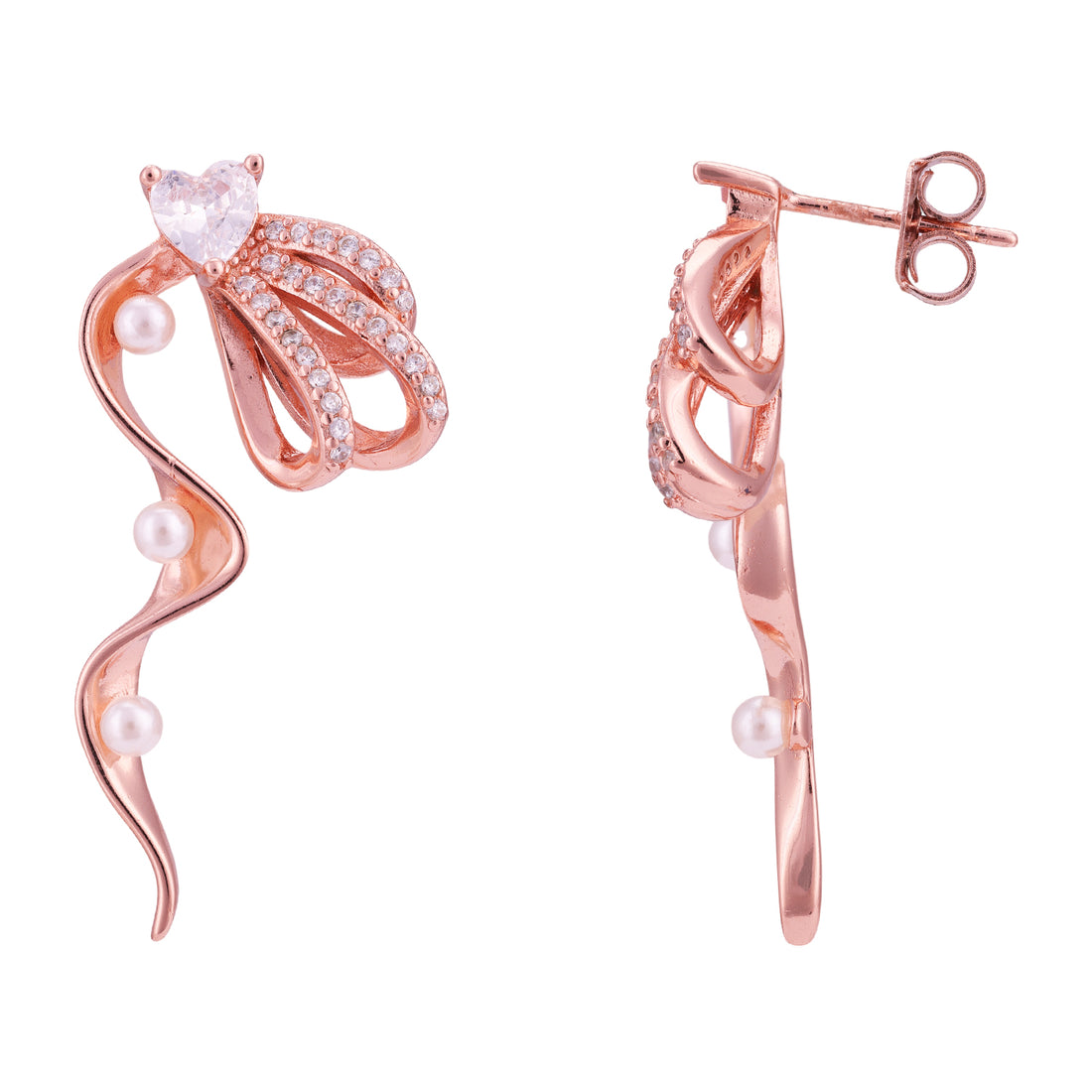 925 Sterling Silver Wavy Pearl Droplet Sparkling Heart Top Earring for Women