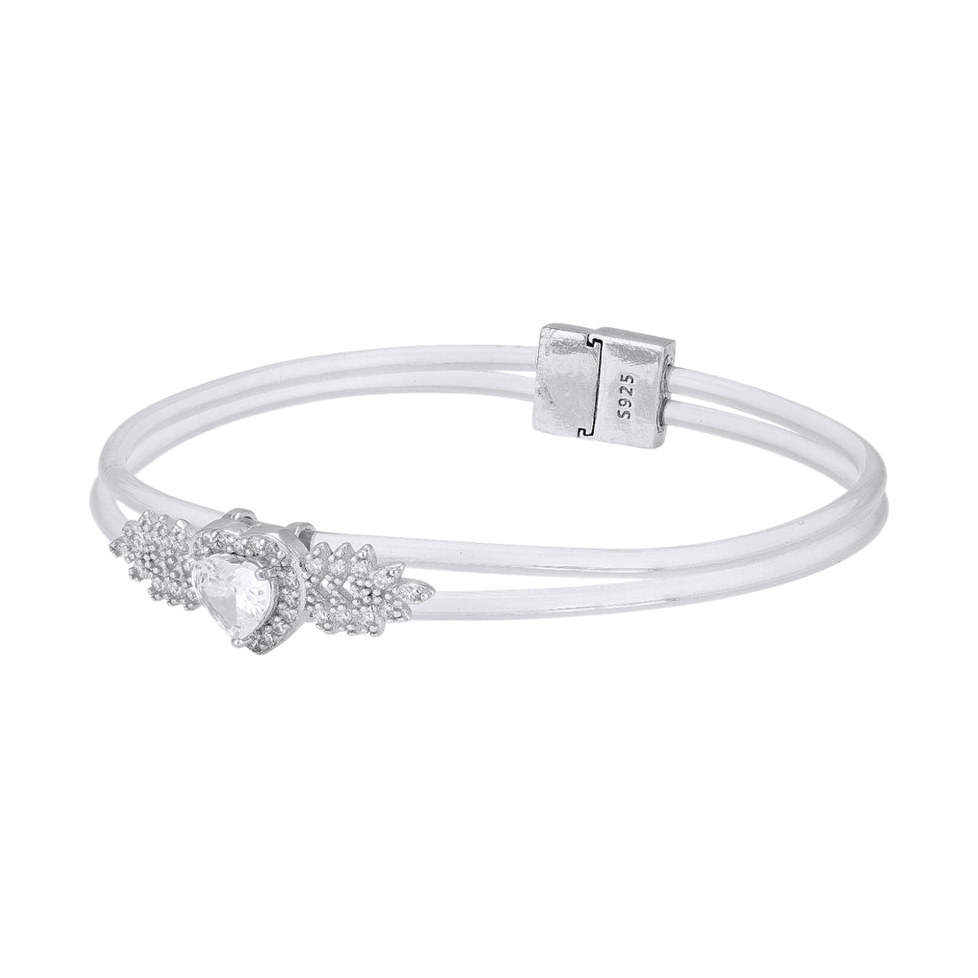 925 Sterling Silver Winged Heart Centerpiece Dual Wire Band Bracelet for Women