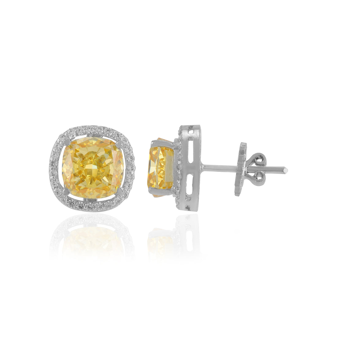 925 Sterling Silver Yellow Cushion Cut Stone Stud for Women