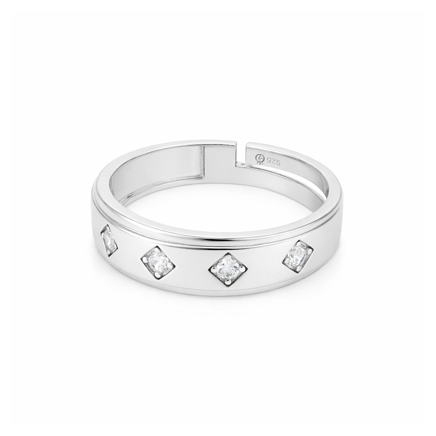 Silver ring with embedded diamonds on a white background