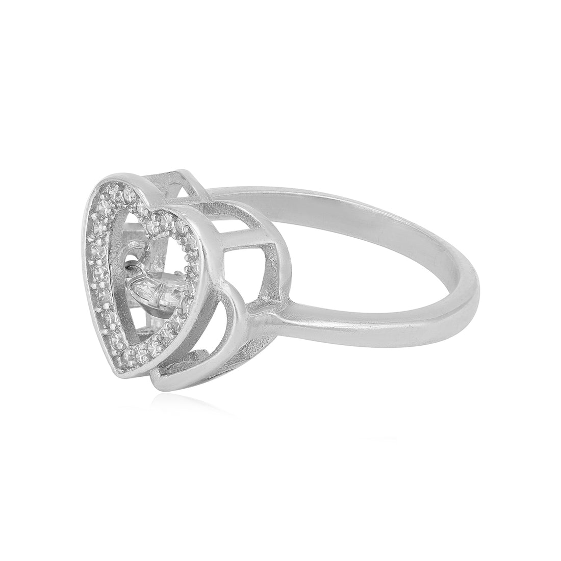 Stoned Full Heart Rhodium  Divided Heart with Centred White Stone Rings