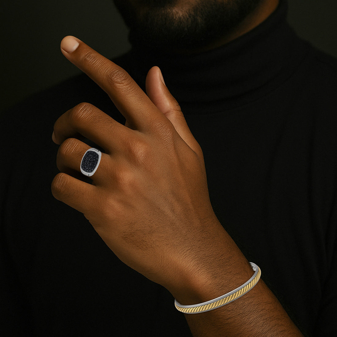 Streamline Signet Black Stone Oxidised Ring