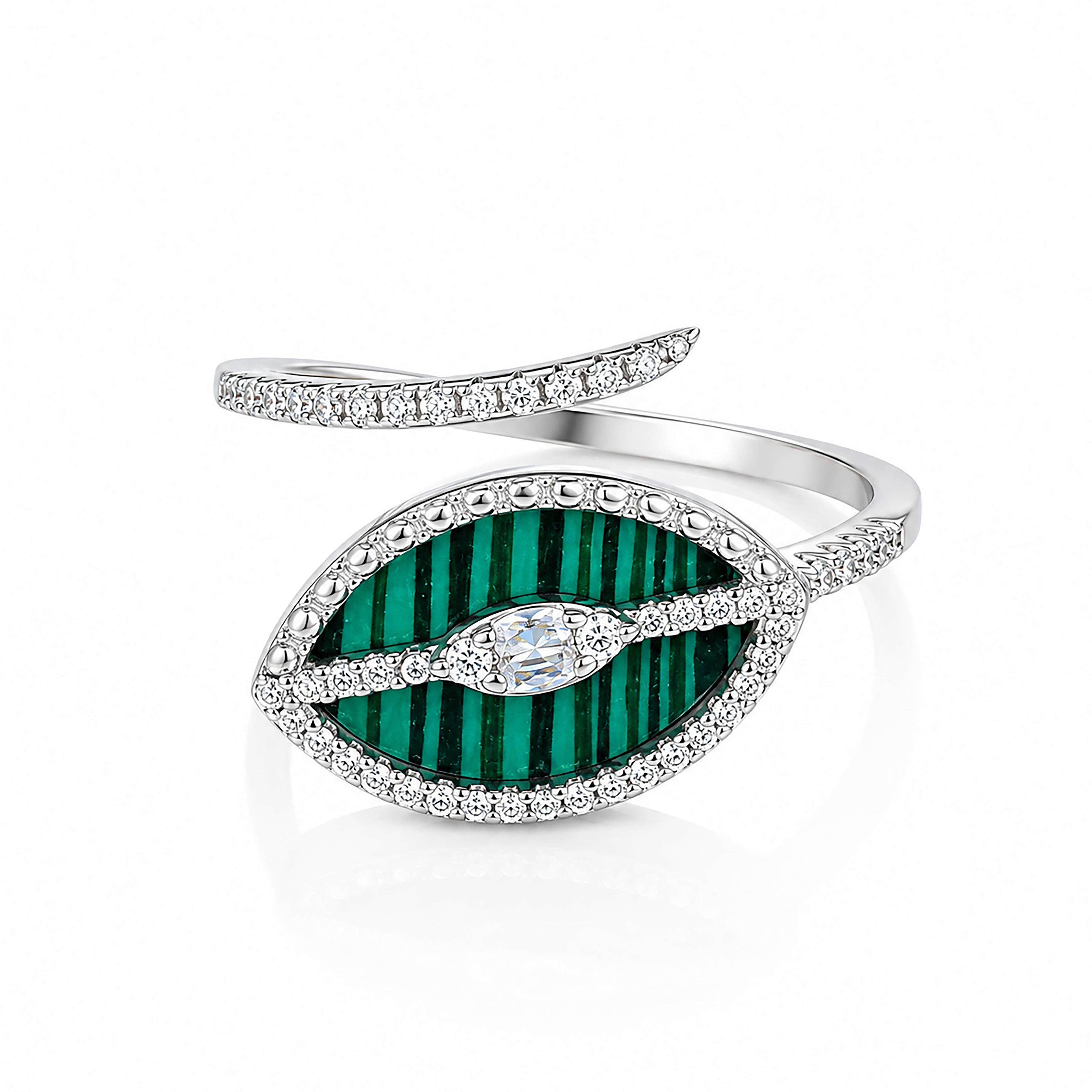 Striated Green Malachite Marquise Silver Ring