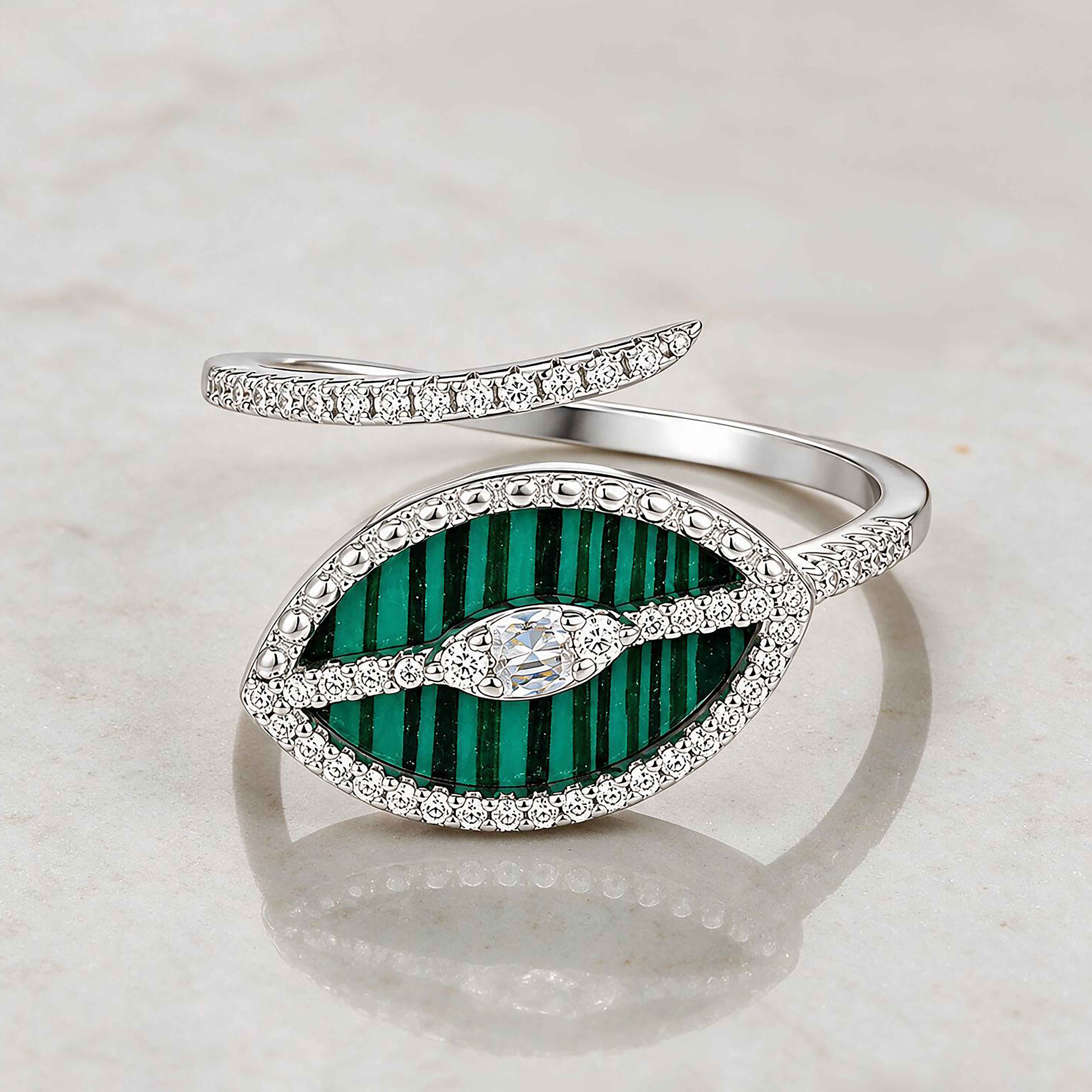 Striated Green Malachite Marquise Silver Ring
