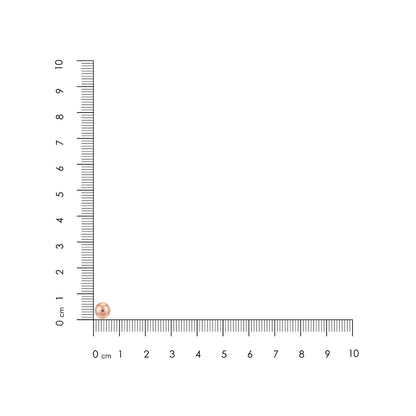 Small round pink object next to a ruler on a white background